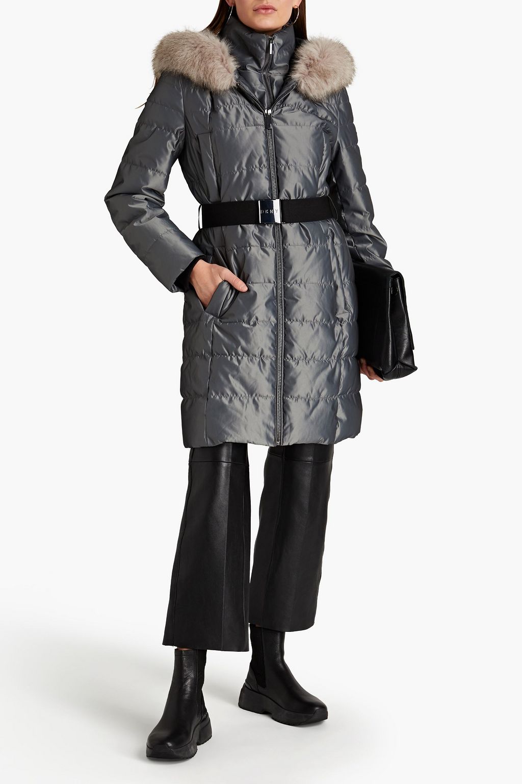 DKNY Faux fur-trimmed quilted shell hooded coat