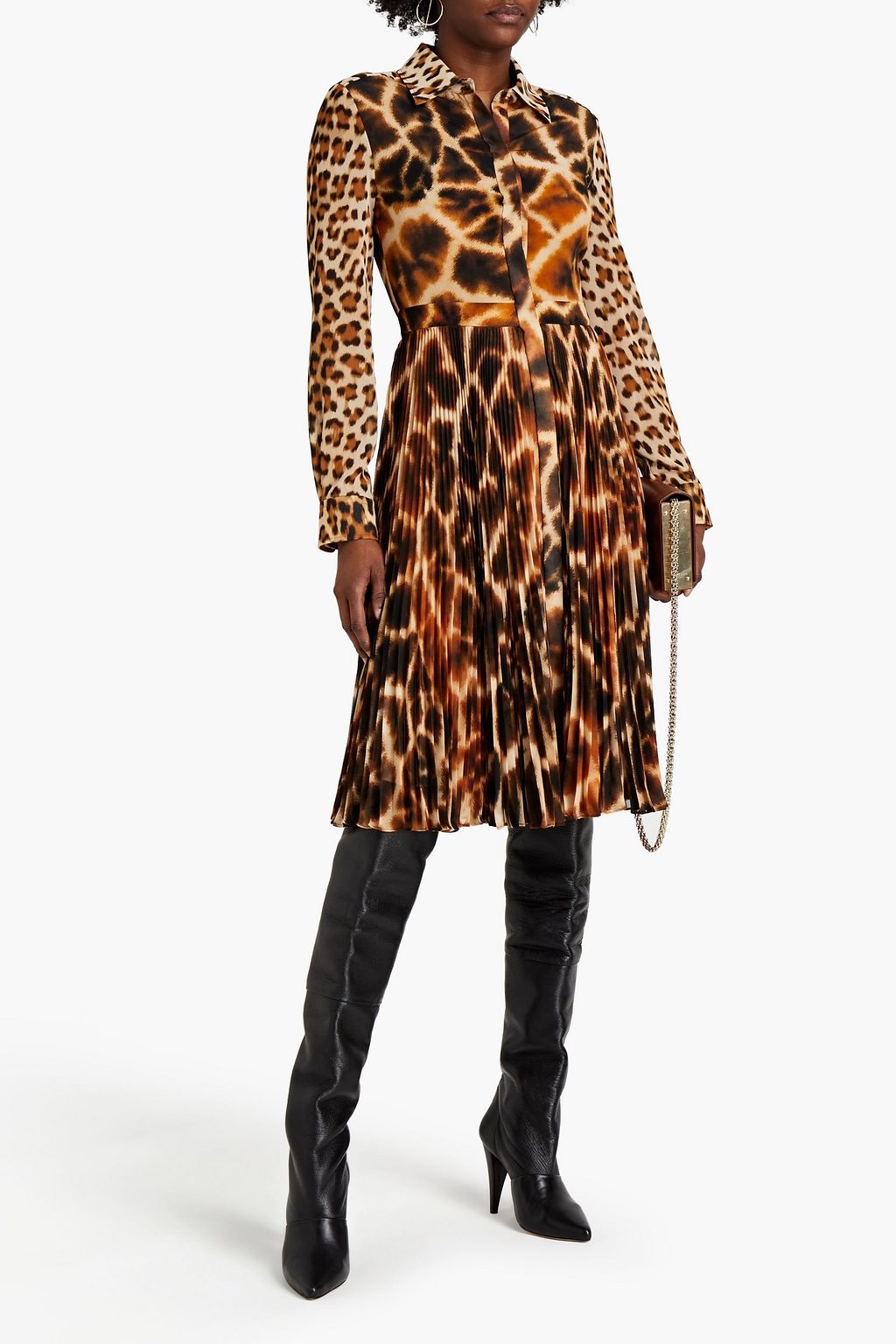 ROBERTO CAVALLI Pleated printed crepe de chine shirt dress