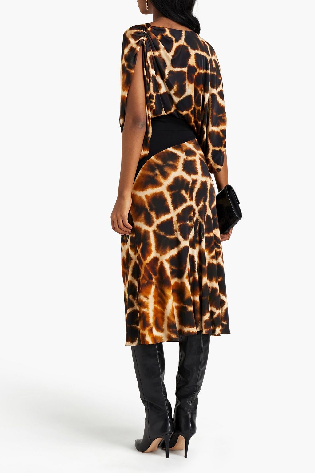ROBERTO CAVALLI Paneled ruched printed satin-jersey midi dress