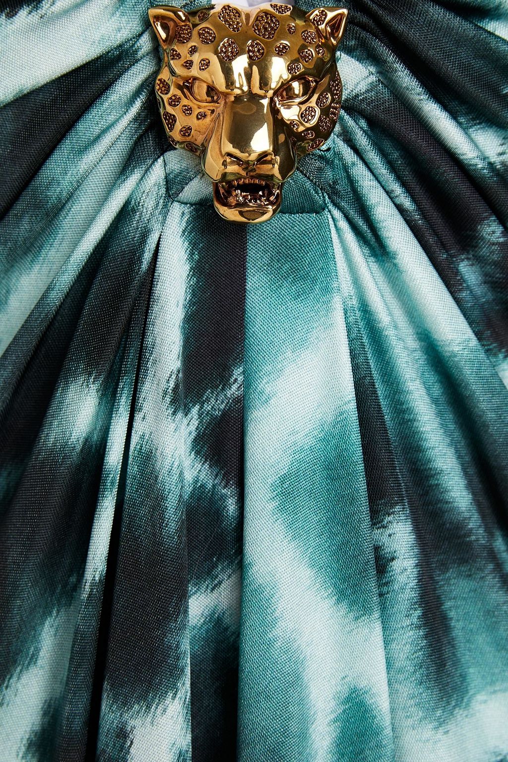 ROBERTO CAVALLI Embellished gathered printed satin-jersey halterneck midi dress