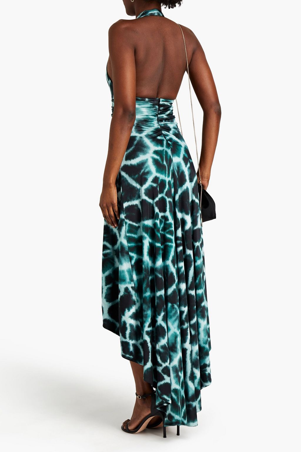 ROBERTO CAVALLI Embellished gathered printed satin-jersey halterneck midi dress