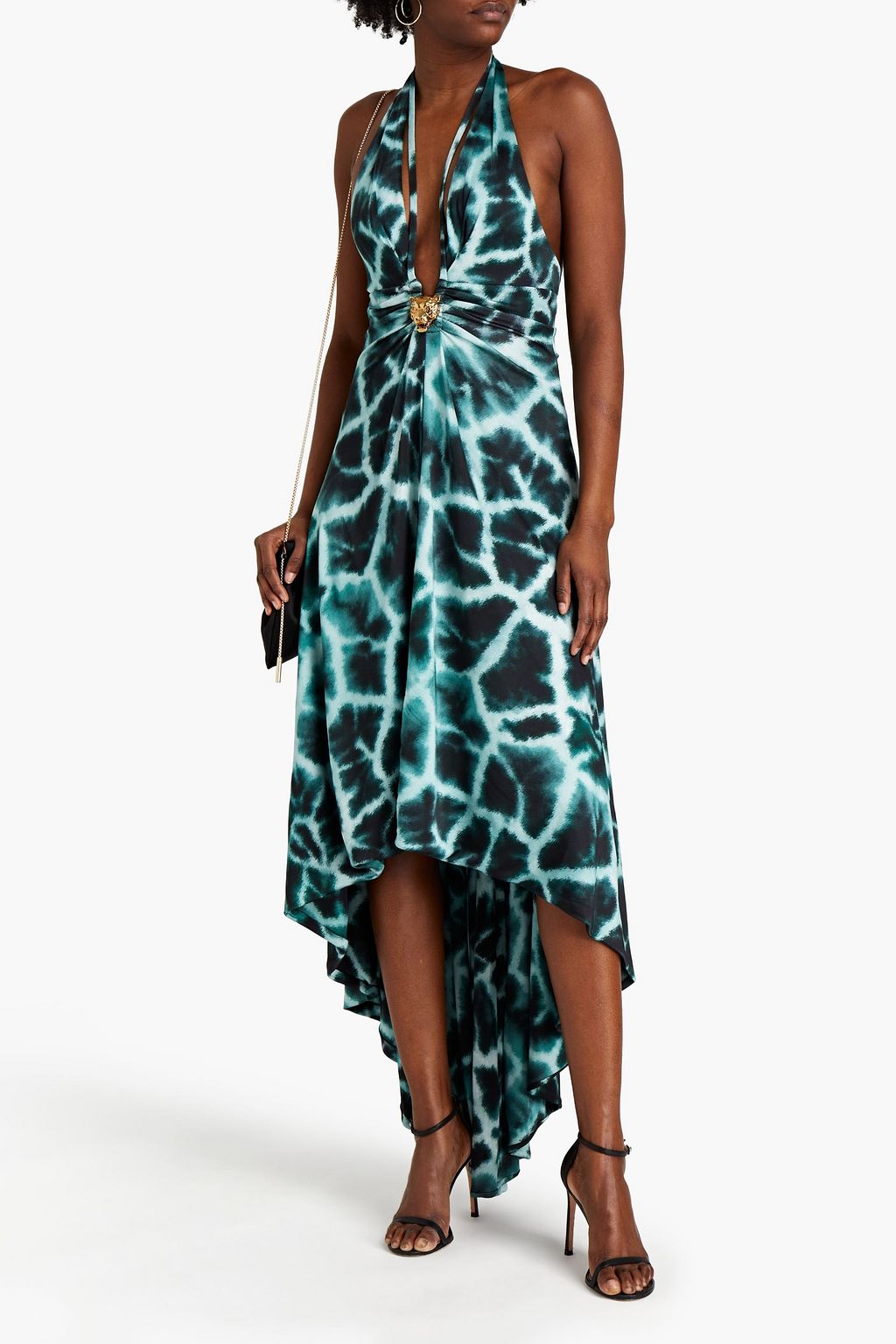 ROBERTO CAVALLI Embellished gathered printed satin-jersey halterneck midi dress