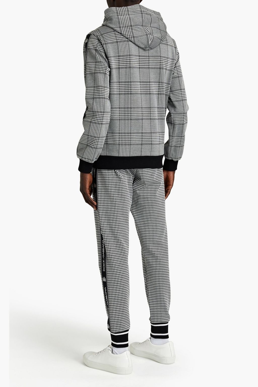 DOLCE&GABBANA Logo-appliquéd Prince of Wales checked stretch-knit hoodie