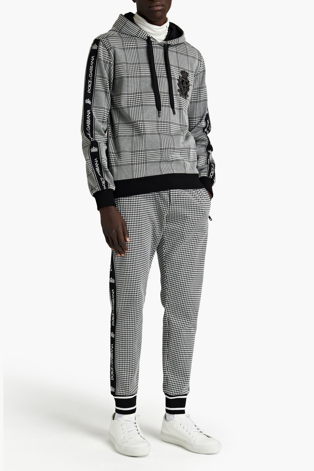 DOLCE&GABBANA Logo-appliquéd Prince of Wales checked stretch-knit hoodie