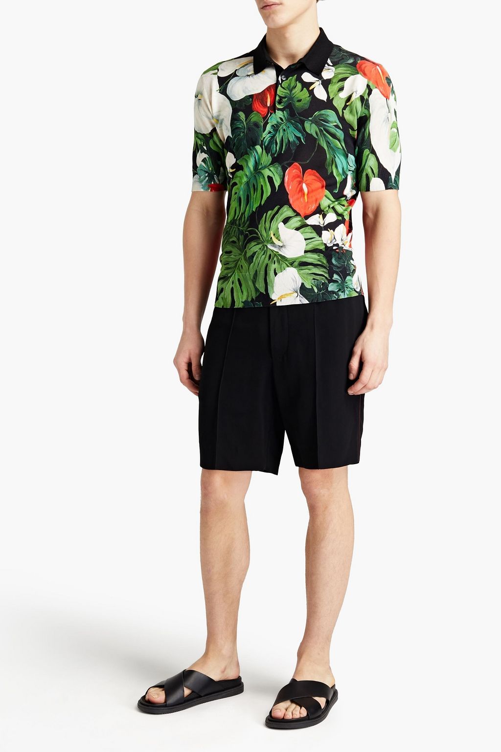 DOLCE&GABBANA Floral-print silk-jersey polo shirt