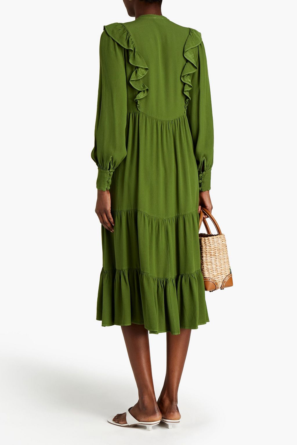GHOST LONDON Esma tiered ruffle-trimmed satin-crepe midi dress