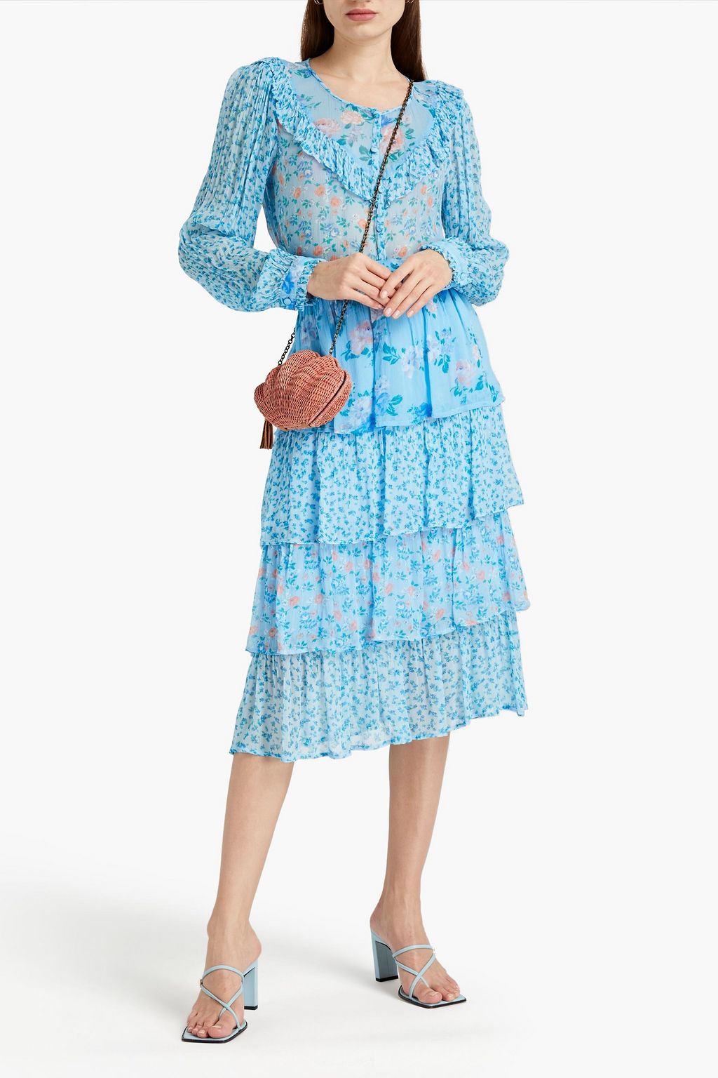GHOST LONDON Camille ruffled georgette-paneled floral-print crepon blouse