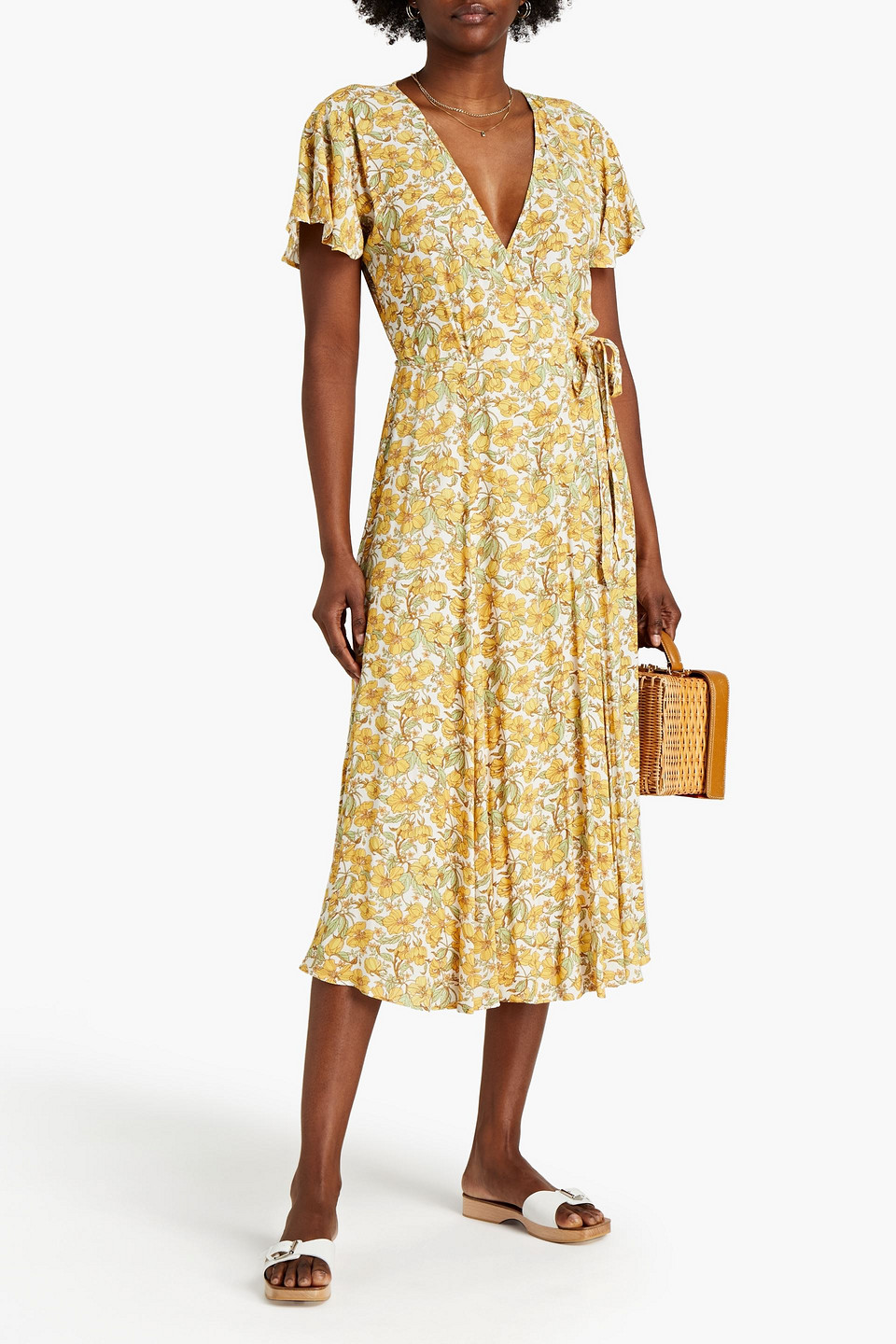 Ghost London Hattie Floral-print Crepe Midi Wrap Dress In Yellow | ModeSens