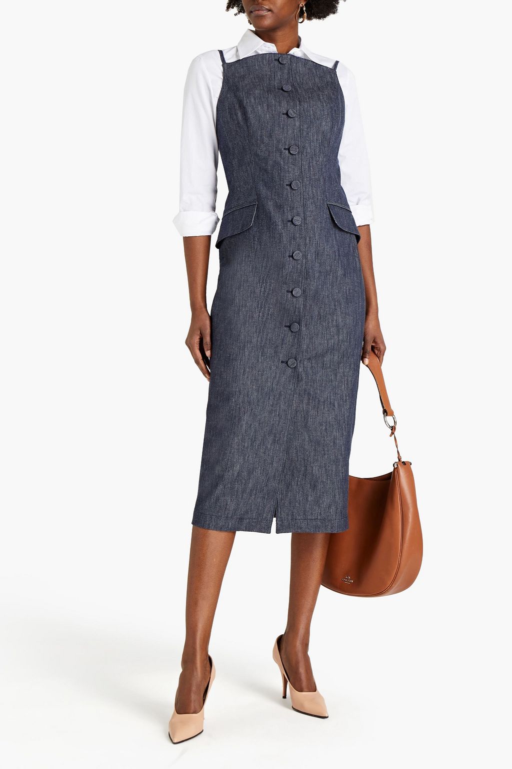 CAROLINA HERRERA Button-embellished denim midi dress