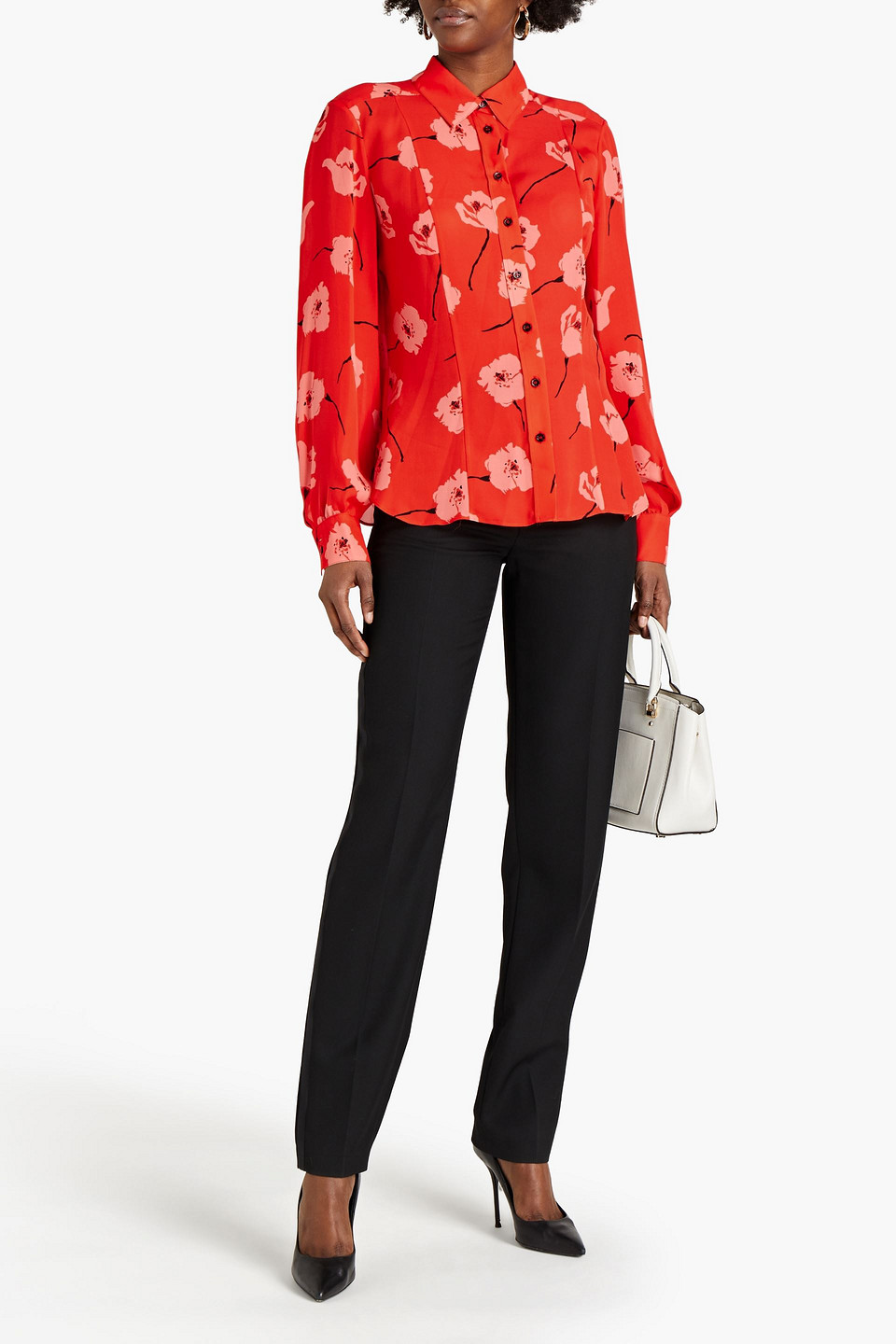 Carolina Herrera Floral-print Silk-crepe Shirt In Orange