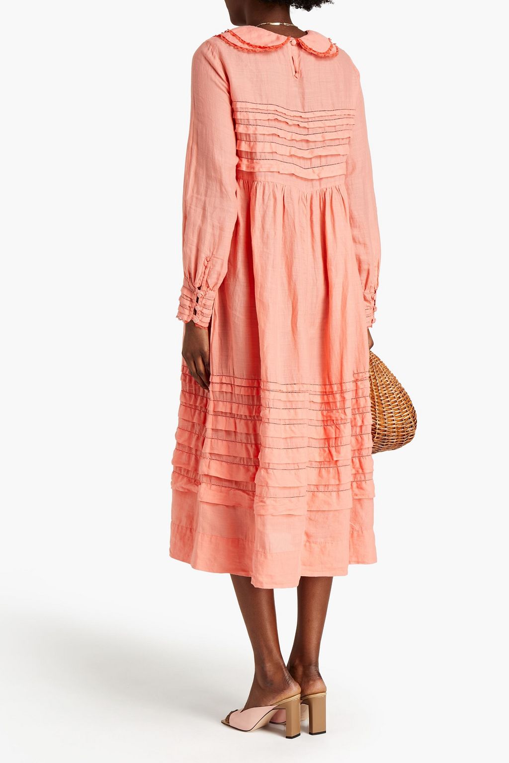 GHOST LONDON Martha tiered lattice-trimmed ramie-mousseline midi dress