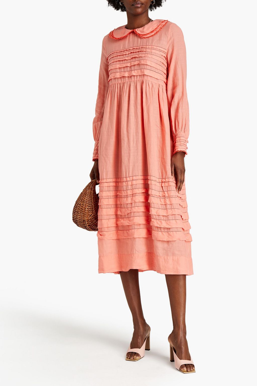 GHOST LONDON Martha tiered lattice-trimmed ramie-mousseline midi dress