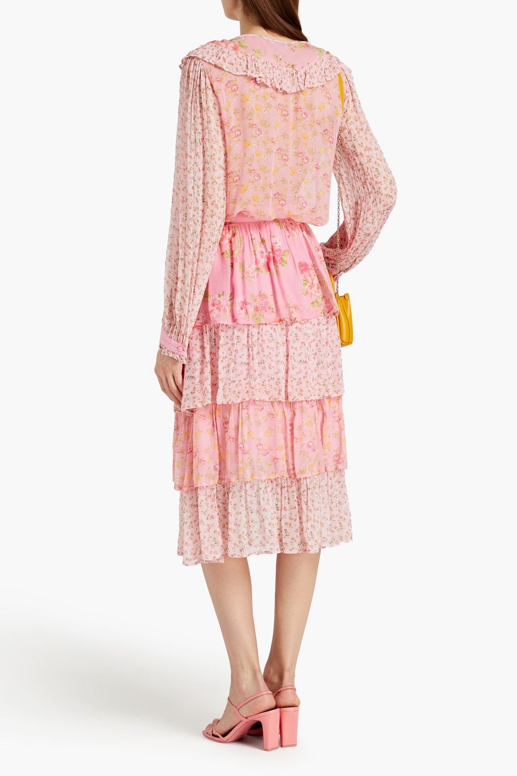 GHOST LONDON Thea tiered floral-print crepon midi skirt