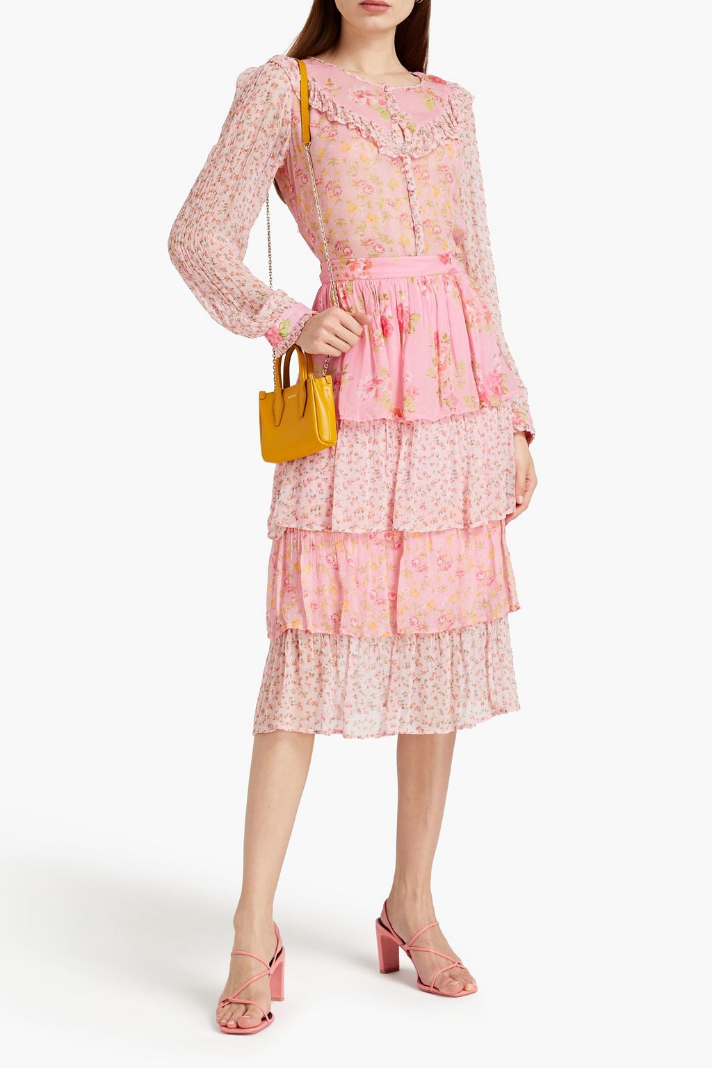GHOST LONDON Thea tiered floral-print crepon midi skirt