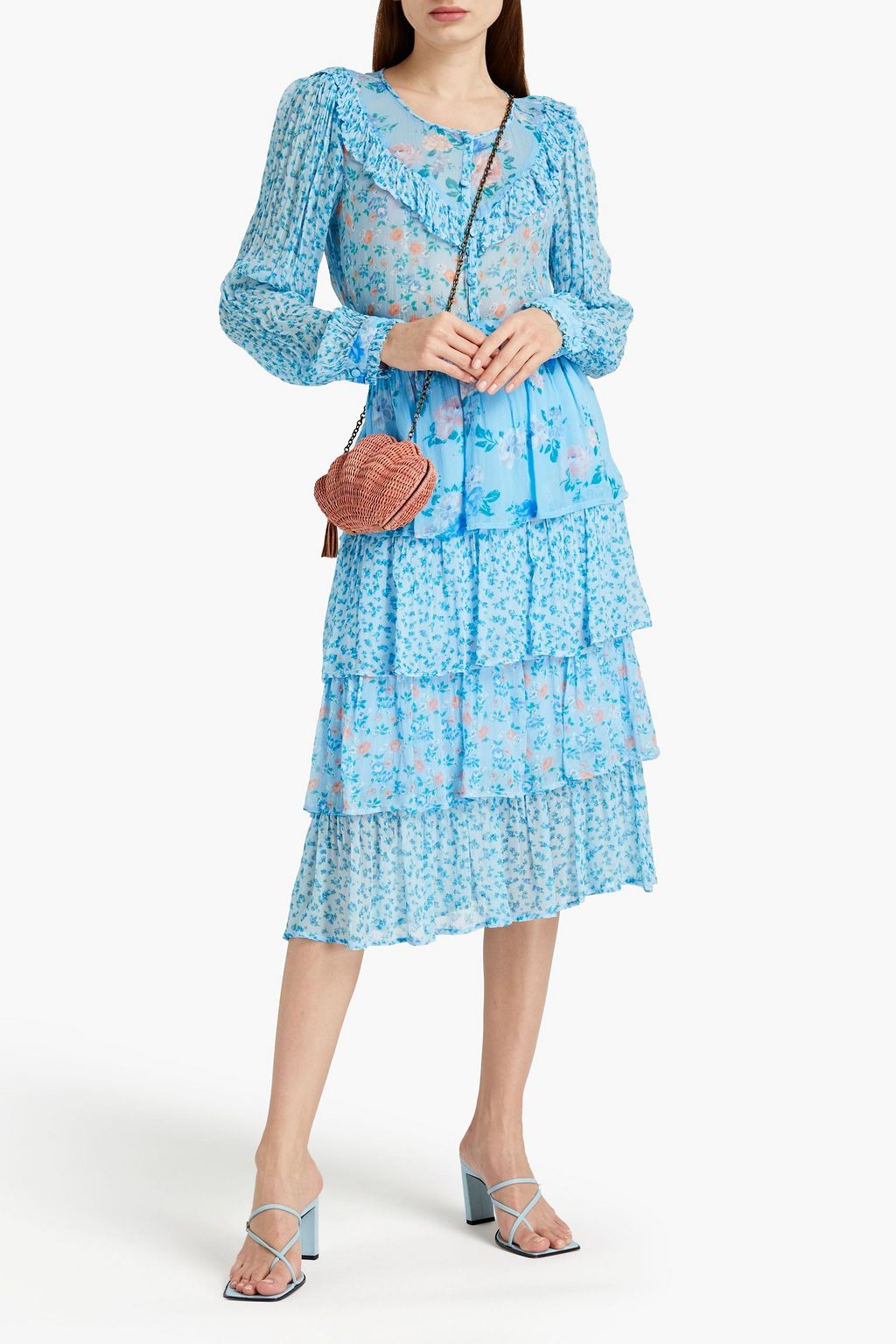 GHOST LONDON Thea tiered floral-print crepon midi skirt