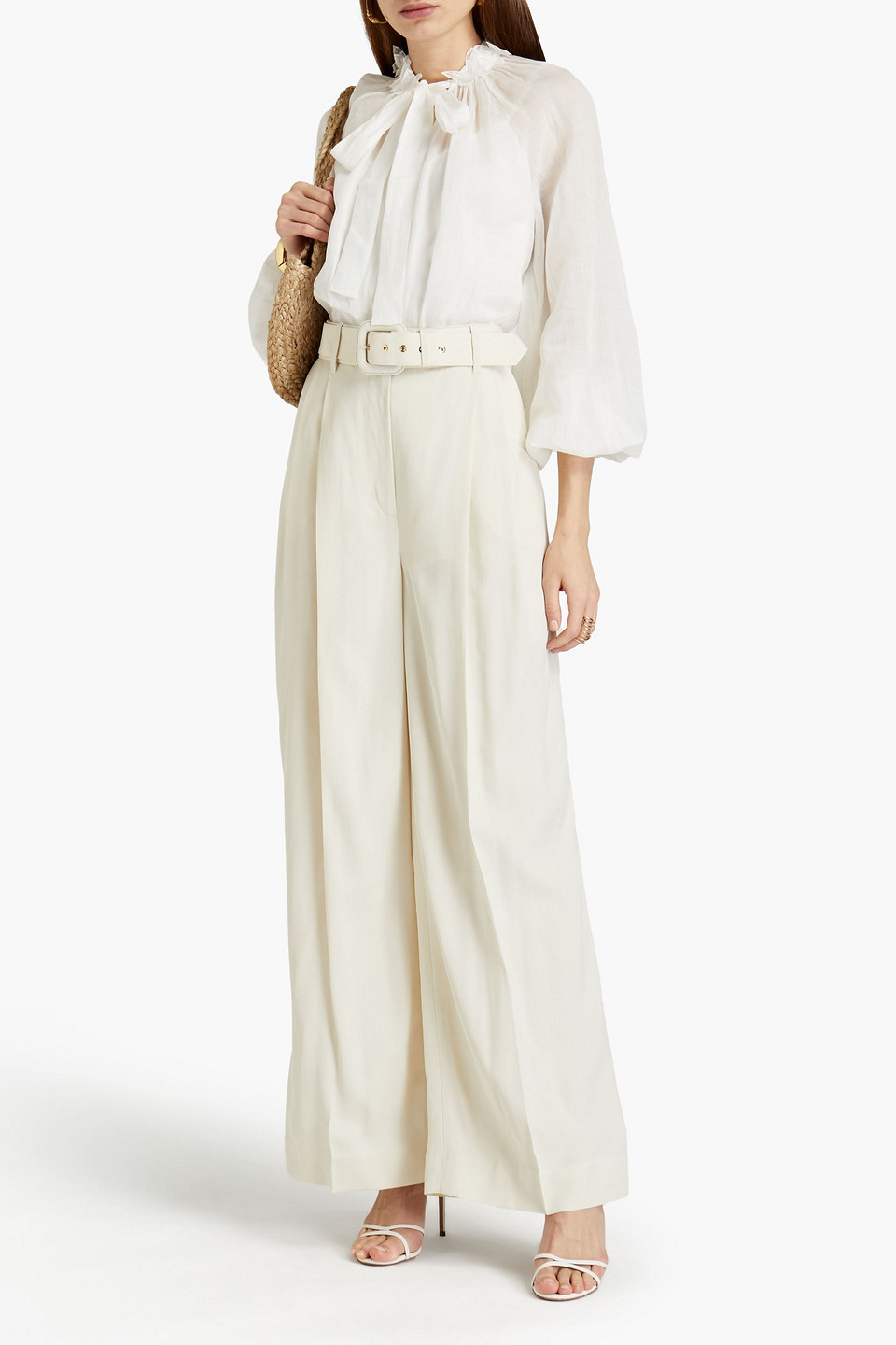 Zimmermann Belted Pleated Wool-blend Twill Wide-leg Trousers In Ecru