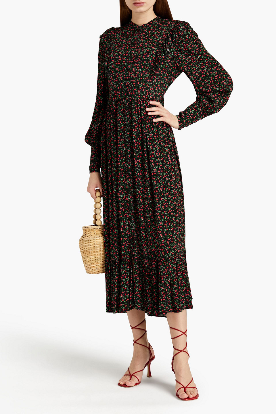 Ghost London Adia Ruffle-trimmed Floral-print Crepe Midi Dress In Brown