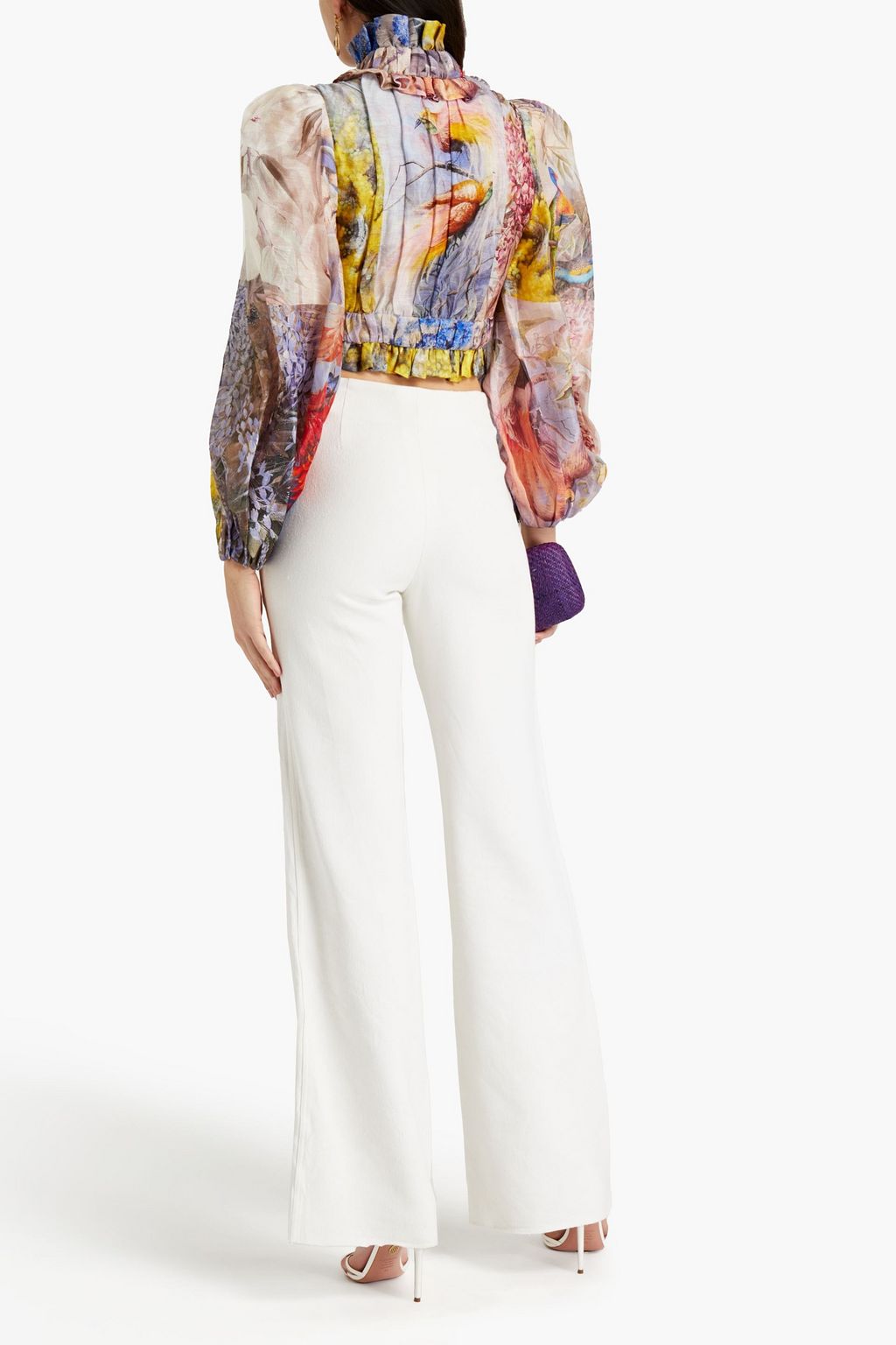 ZIMMERMANN Botanica cropped ruffled floral-print linen and silk-blend organza blouse