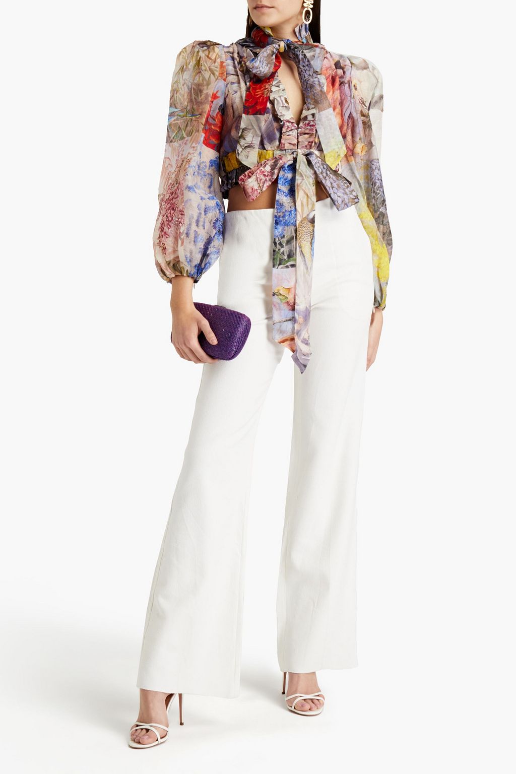 ZIMMERMANN Botanica cropped ruffled floral-print linen and silk-blend organza blouse