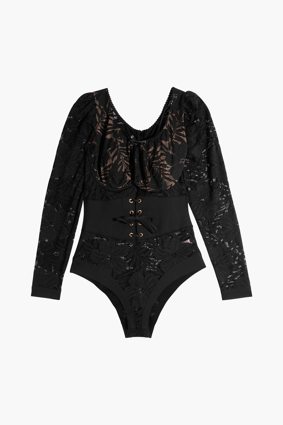 Audrey lace-up jersey-paneled Leavers lace bodysuit