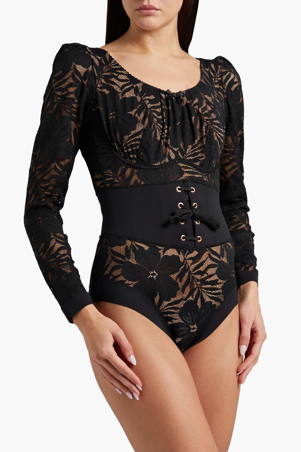 Provocateur Audrey Lace-up Jersey-paneled Lace Bodysuit In Black |