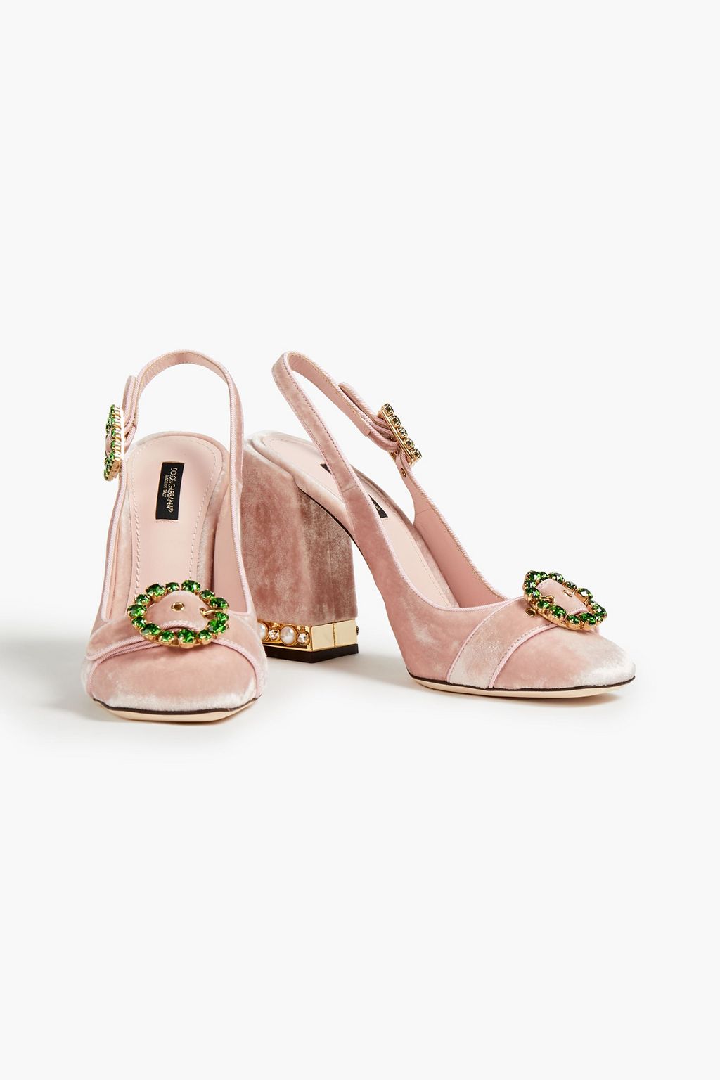 DOLCE&GABBANA حذاء بكعب عالٍ من المخمل مزود بحزام كاحل ومزيّن بزخارف