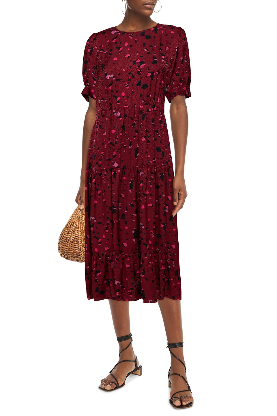 Ba&sh Tonya Gathered Printed Satin-jacquard Midi Dress In Claret
