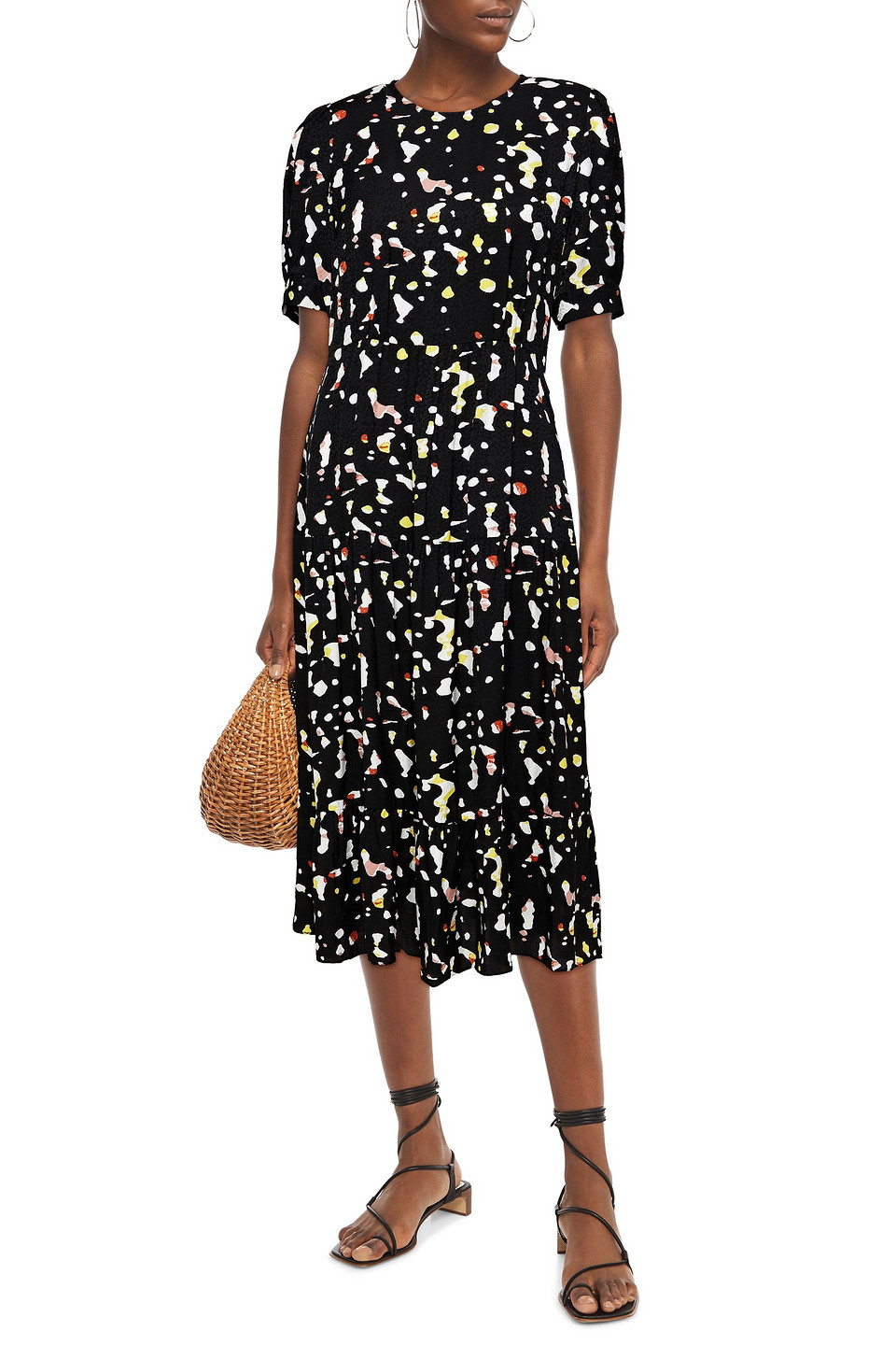 Ba&sh Tonya Gathered Printed Satin-jacquard Midi Dress In Black