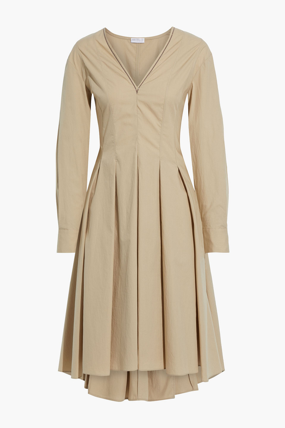 brunello cucinelli - bead-embellished pleated cotton-poplin dress - neutral - m