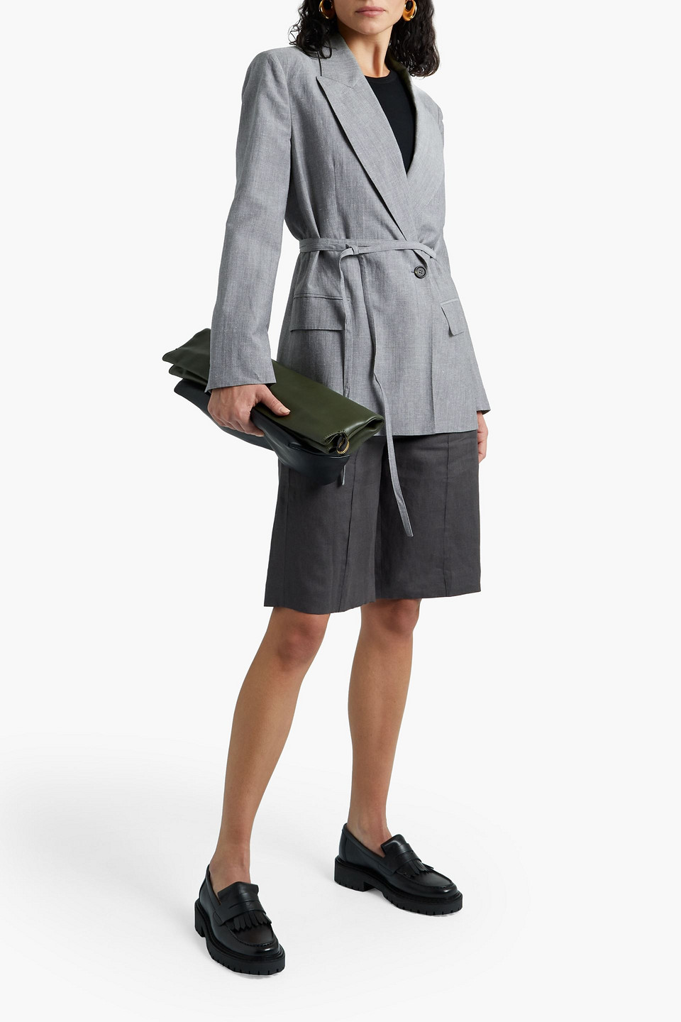 Brunello Cucinelli Belted Slub Wool And Silk-blend Blazer In Light Gray