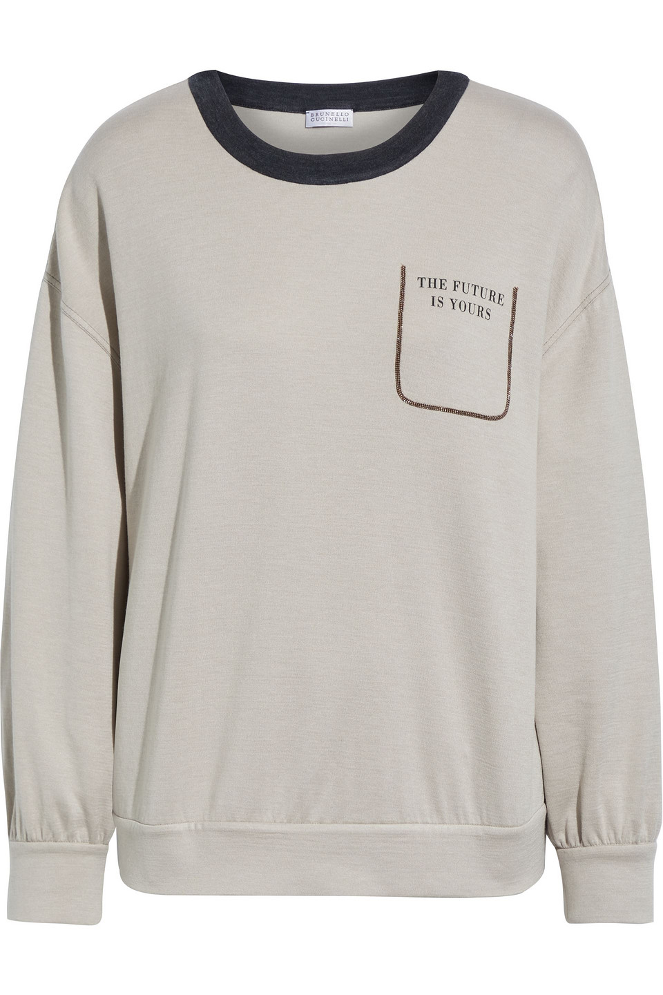 Brunello Cucinelli Woman Bead-embellished Printed French Cotton-blend Terry Sweatshirt Stone