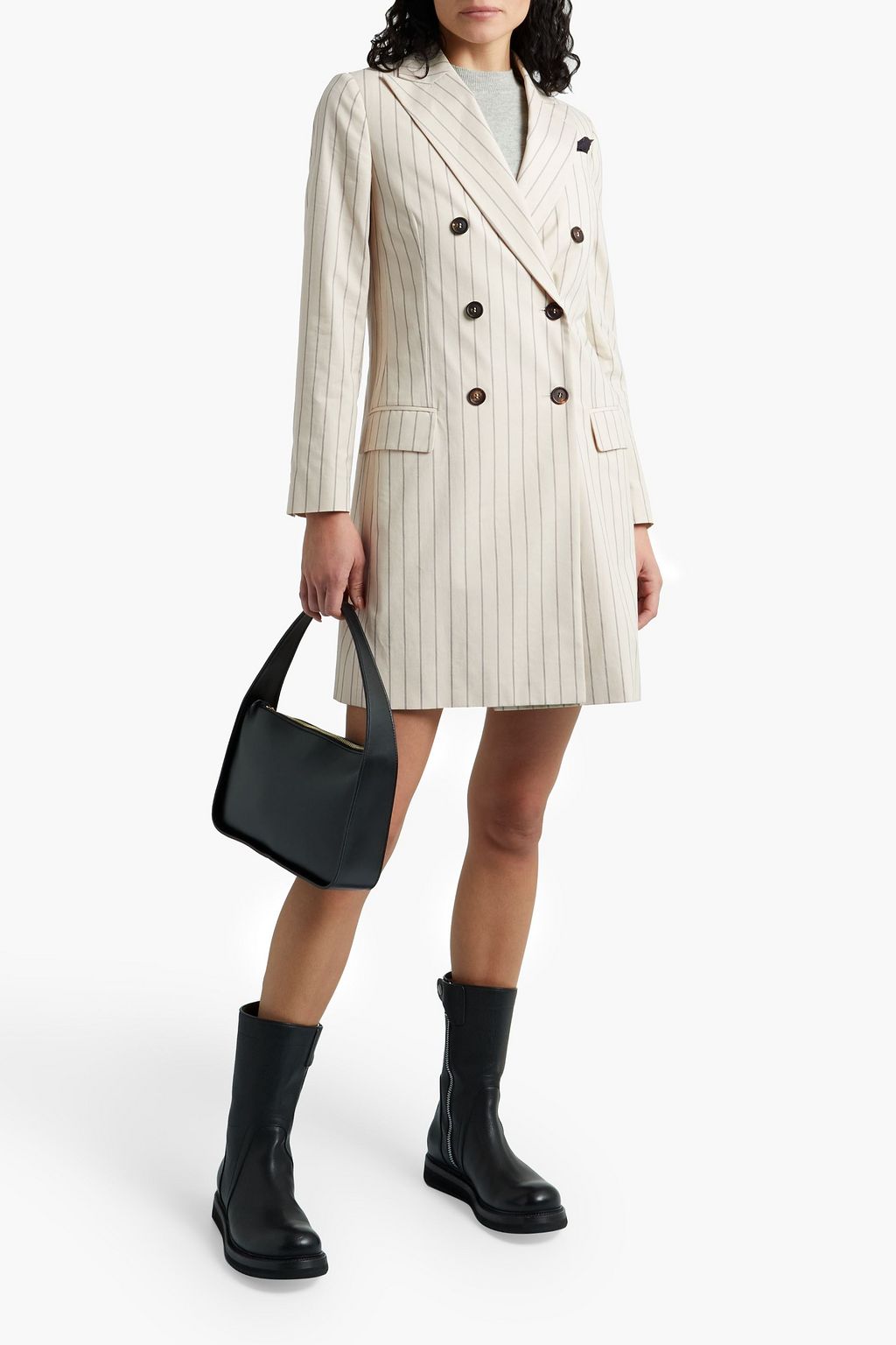 BRUNELLO CUCINELLI Double-breasted bead-embellished pinstriped cotton-blend coat