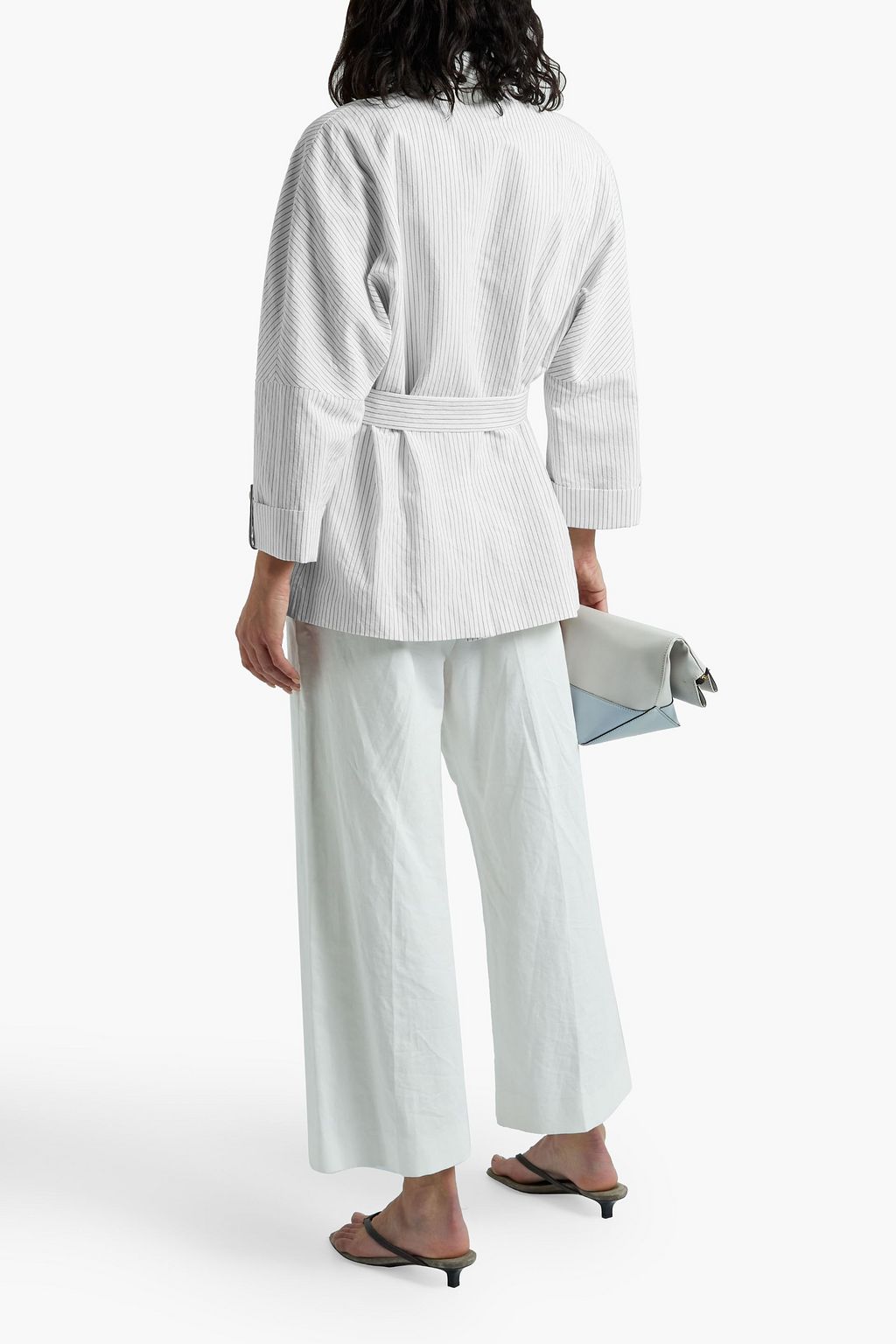 BRUNELLO CUCINELLI Belted pinstriped cotton and linen-blend blazer