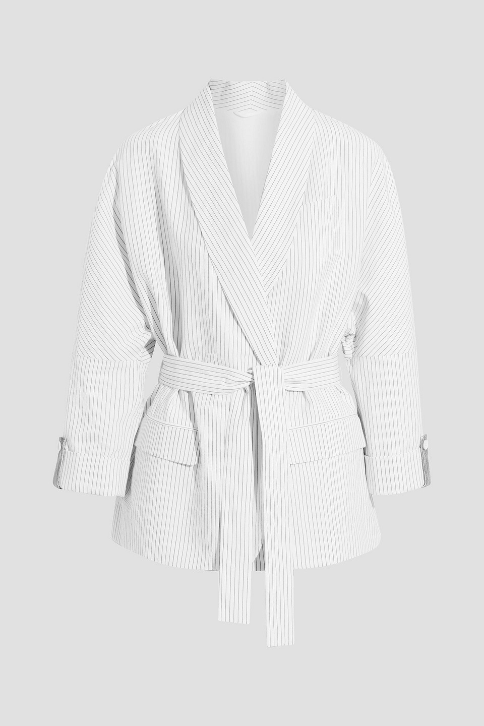 brunello cucinelli - belted pinstriped cotton and linen-blend blazer - white - it 40