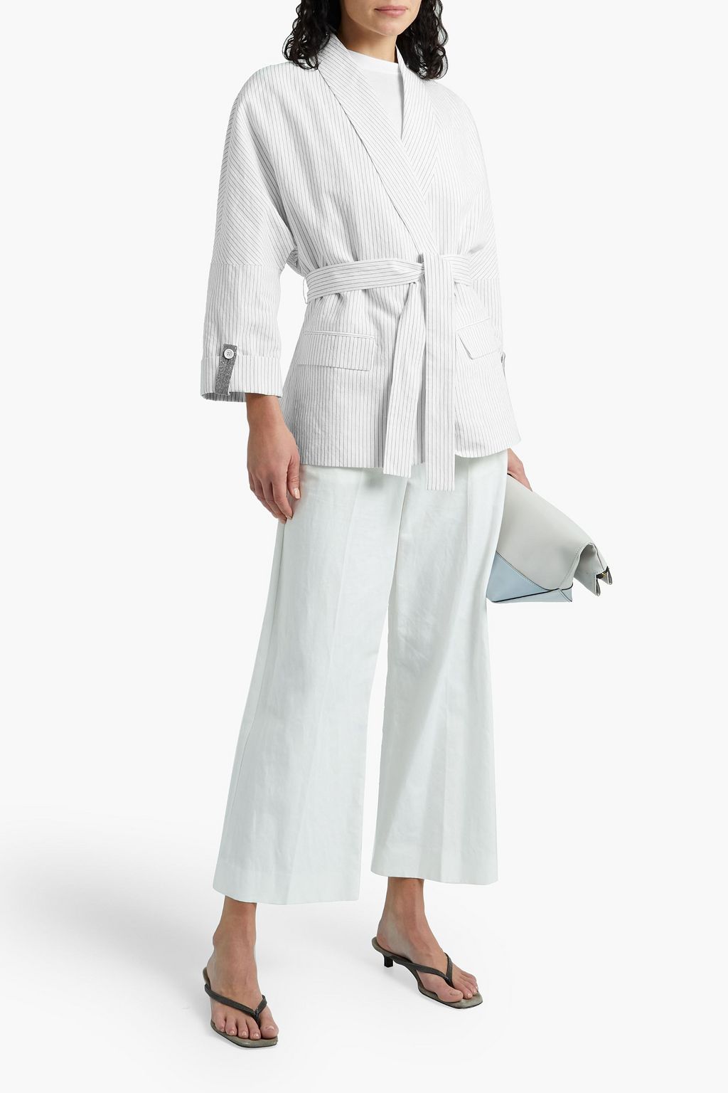 BRUNELLO CUCINELLI Belted pinstriped cotton and linen-blend blazer