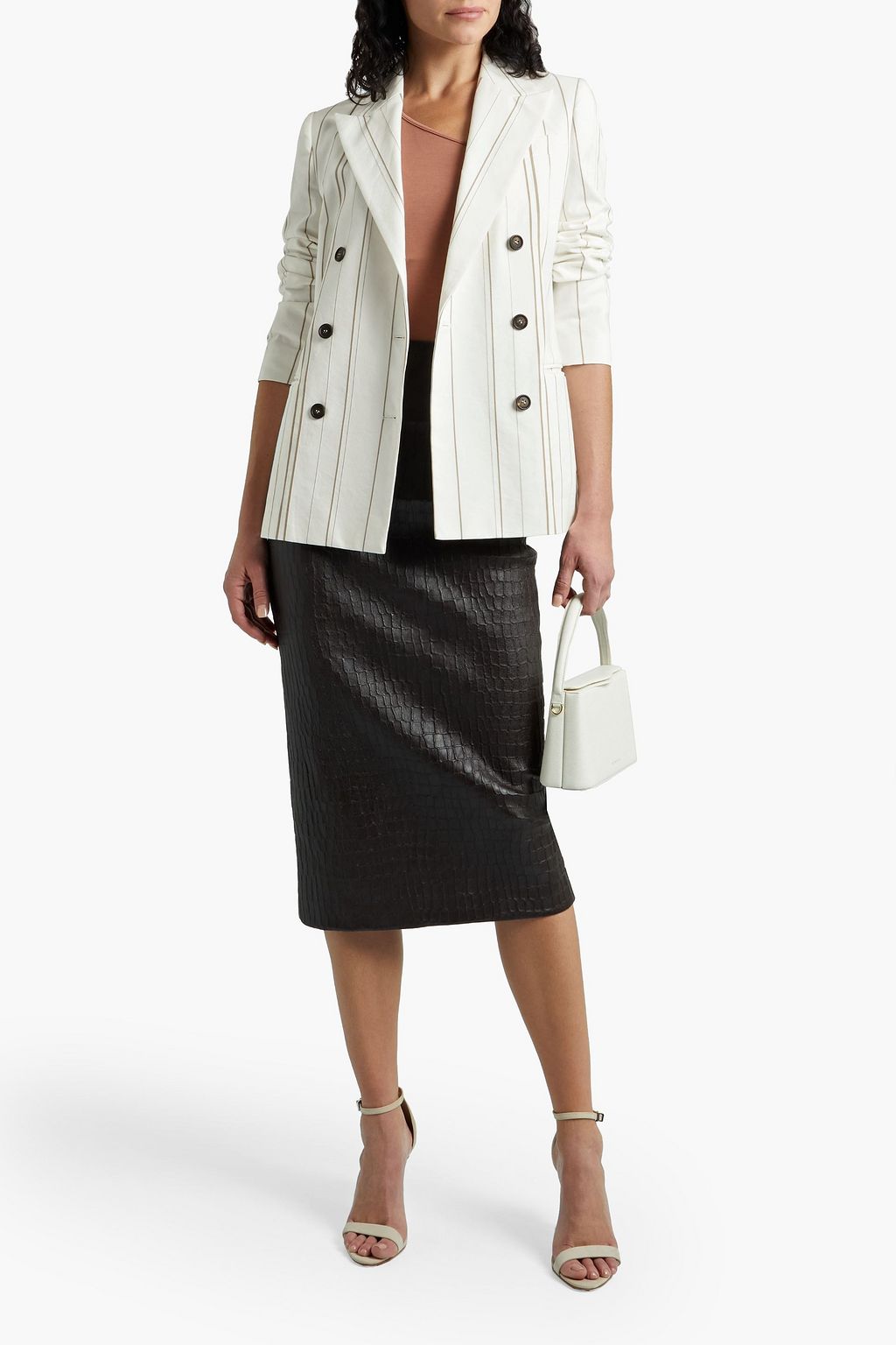 BRUNELLO CUCINELLI Doppelreihiger Blazer aus Baumwolle mit Streifen und Zierperlen