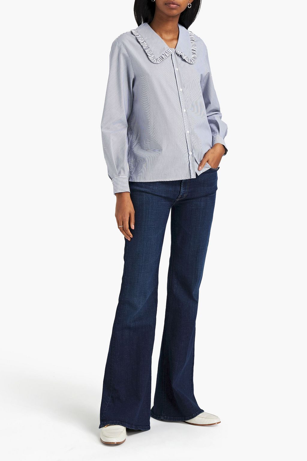 MAJE Ruffled striped cotton-poplin shirt