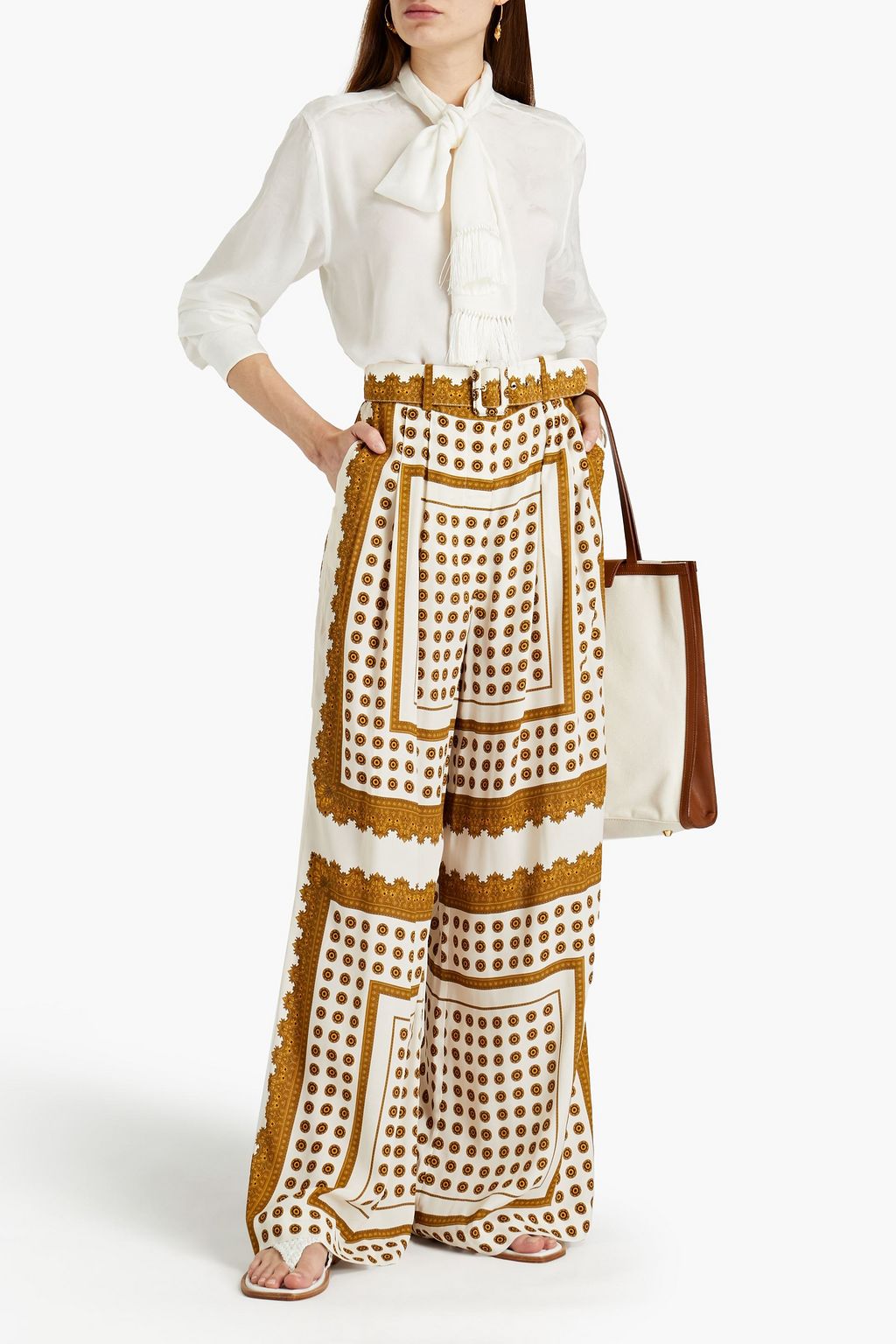 ZIMMERMANN Belted printed crepe de chine wide-leg pants