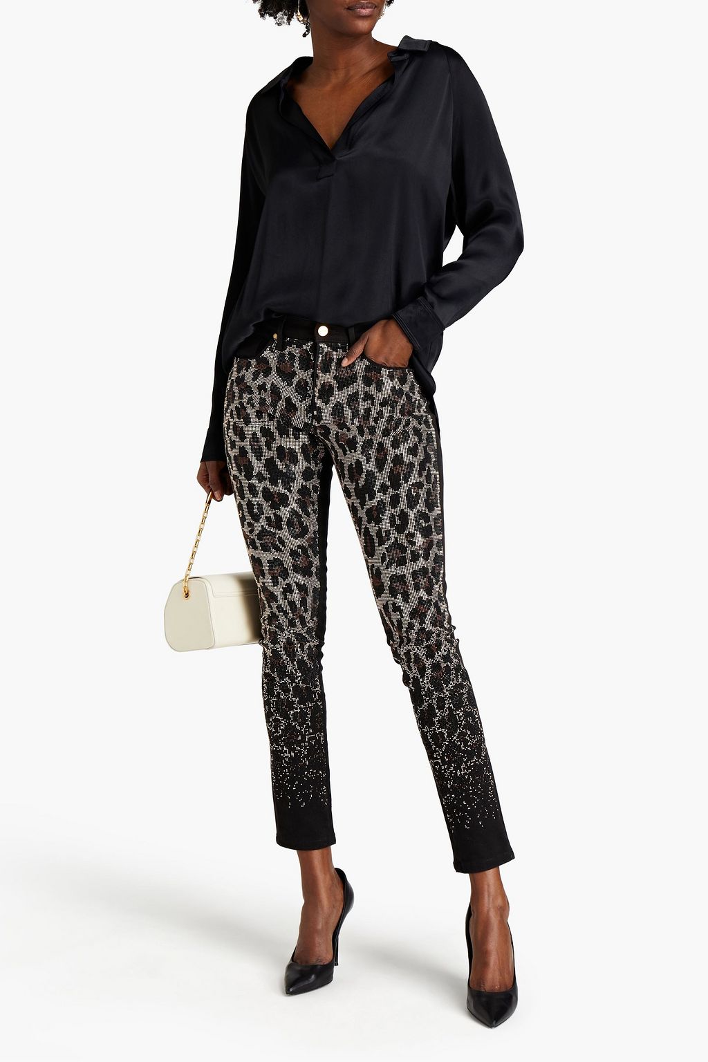 ROBERTO CAVALLI Embellished leopard-print mid-rise skinny jeans