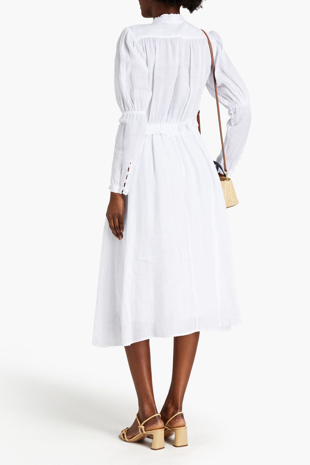 GHOST LONDON Tove lace-trimmed gathered ramie midi dress