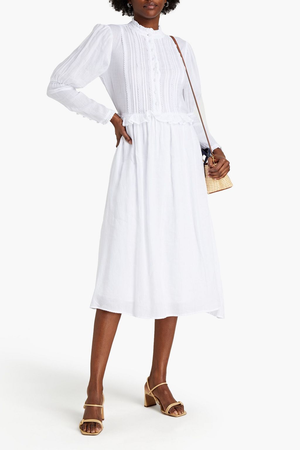 GHOST LONDON Tove lace-trimmed gathered ramie midi dress