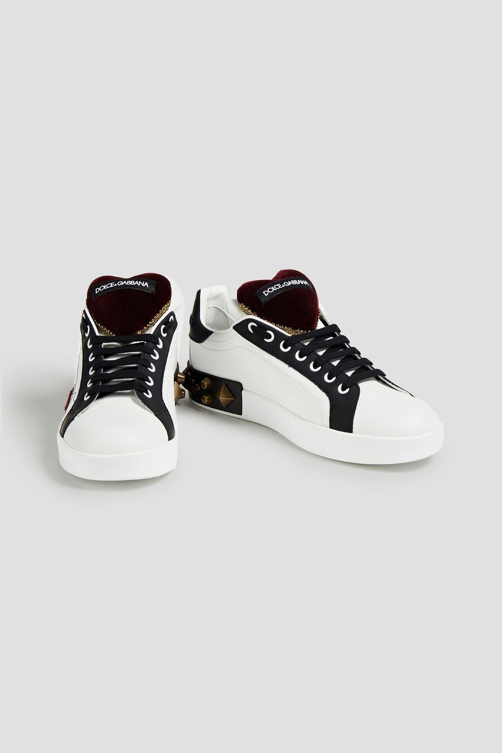 DOLCE&GABBANA Portofino velvet-trimmed embellished leather sneakers