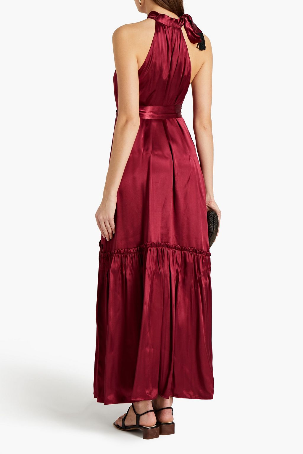 SENSI STUDIO Belted fringe-trimmed satin maxi dress
