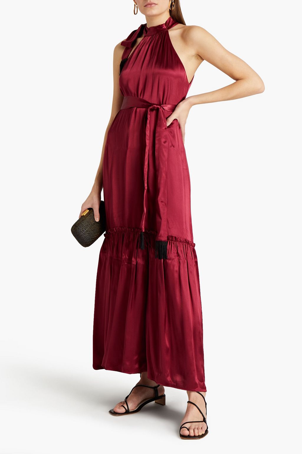 SENSI STUDIO Belted fringe-trimmed satin maxi dress