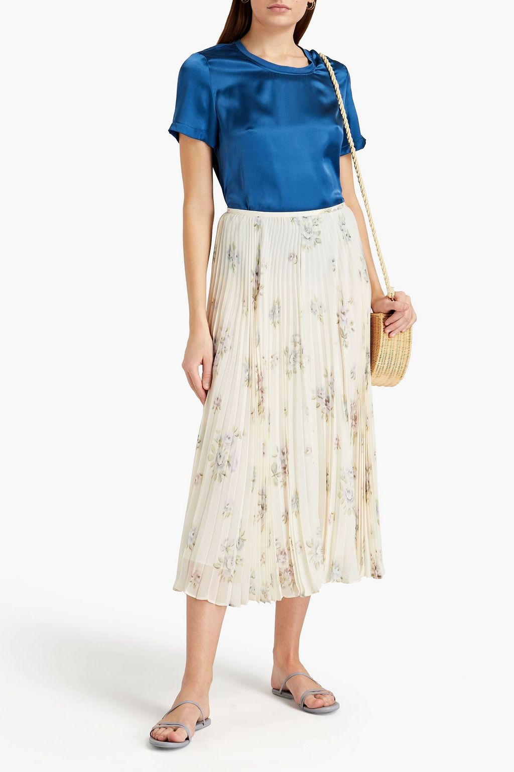 MAJE Cotton jersey-paneled silk-satin T-shirt
