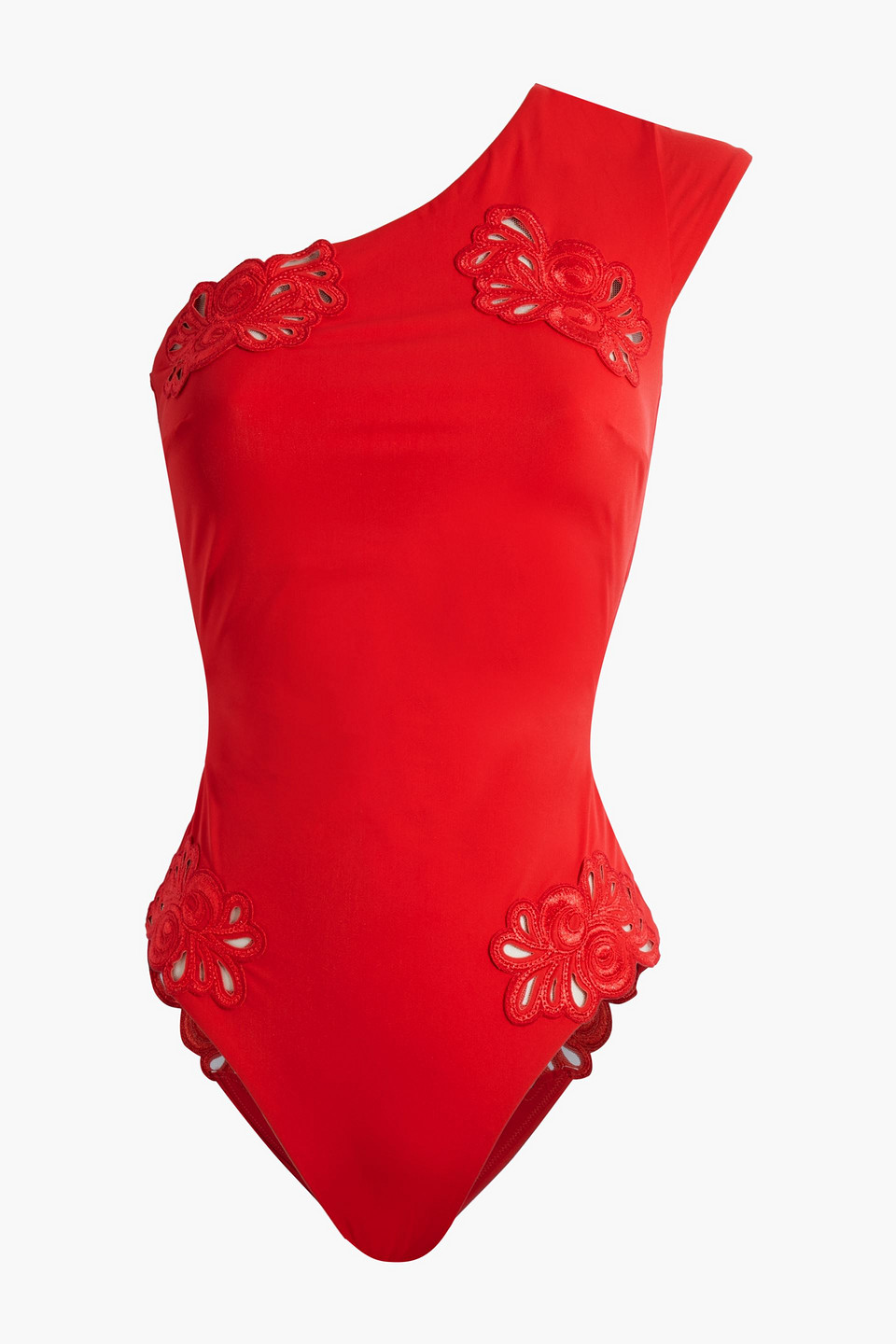 Agent Provocateur Cilla One-shoulder Mesh-trimmed Broderie Anglaise Swimsuit In Red