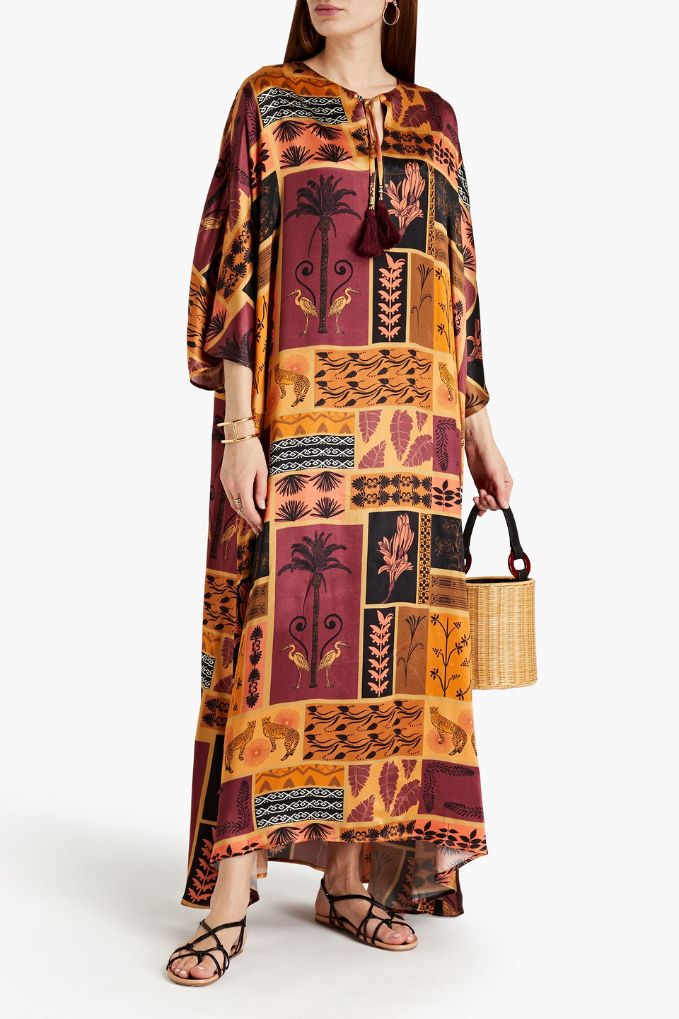 Sensi Studio Tasseled Printed Satin-twill Kaftan In Burgundy