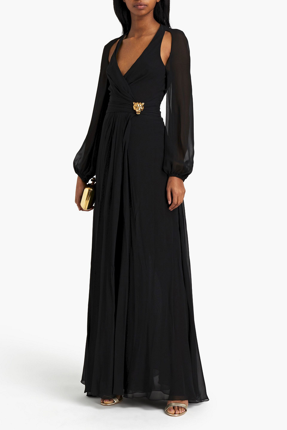 Roberto Cavalli Wrap-effect Cutout Silk-blend Chiffon Maxi Dress In Black