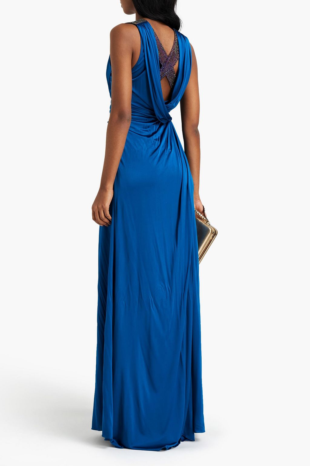 ROBERTO CAVALLI Twist-front embellished draped satin-jersey maxi dress
