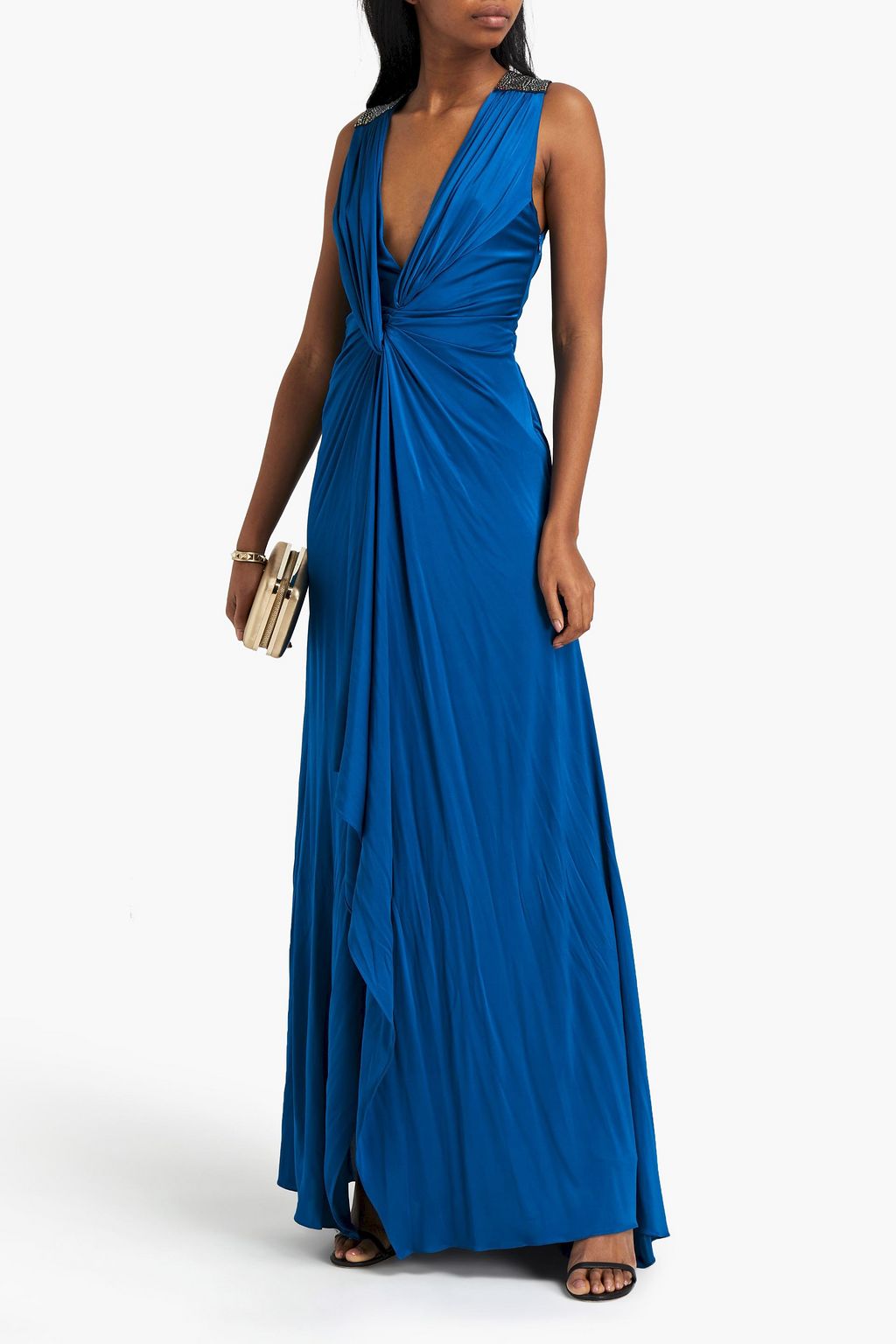 ROBERTO CAVALLI Twist-front embellished draped satin-jersey maxi dress